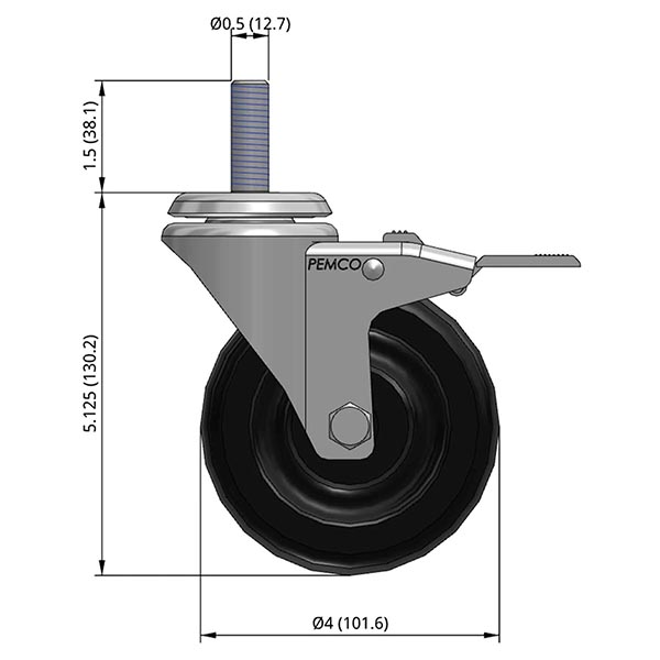 Side view drawing of caster with dimensions